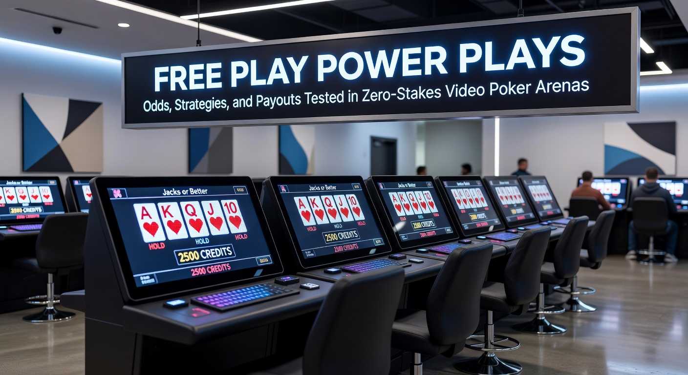 Video Poker Bildschirm mit Free-Play-Modus und Strategie-Übersicht, die typische Hände und Auszahlungstabellen zeigt