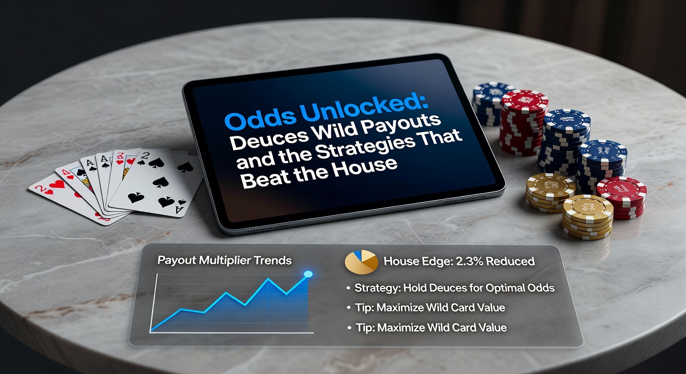 Video-Poker-Maschine mit Deuces Wild, die vier Zweier als Joker zeigt und Gewinnkombinationen beleuchtet