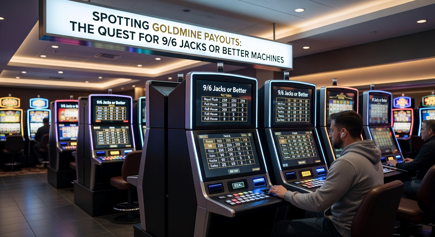 Nahaufnahme einer Video-Poker-Paytable mit hervorgehobenen 9/6-Auszahlungen und einem Gewinn-Display