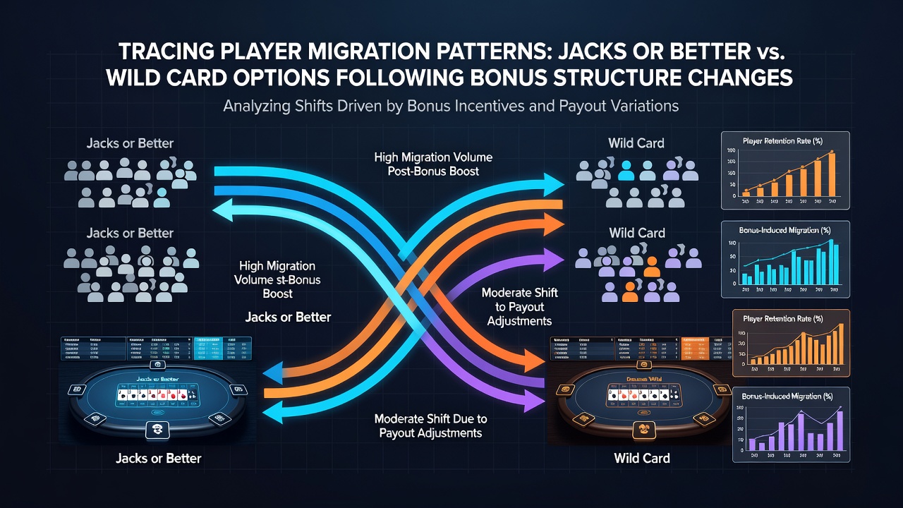 Diagramm veranschaulicht Migrationsflüsse von Spielern zwischen verschiedenen Video-Poker-Varianten nach Bonusupdates im Jahr 2026